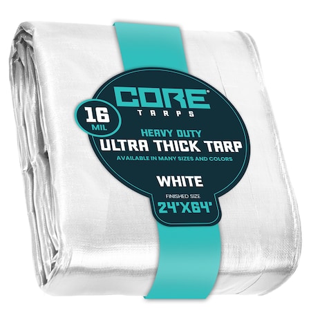 Core Tarps Heavy Duty Tarp, 64 ft L x 0.5 mm H x 24 ft W, 16 Mil, White, Polyethylene CT-304-24X64